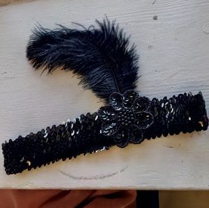 Flapper Vintage Style Headband Blk Feather Stretch